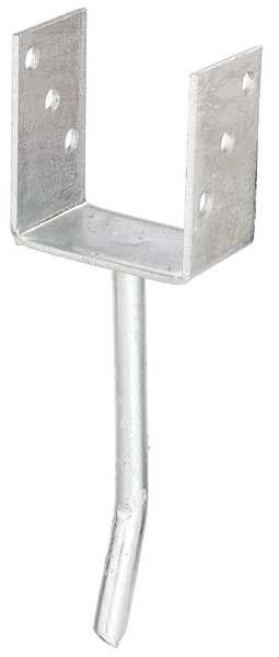 U-Pfostenträger mit Betonanker aus Rundstahl, Material: Stahl roh, Oberfläche: feuerverzinkt, zum Einbetonieren, mit CE-Kennzeichnung nach ETA-10/0210, lichte Breite: 91 mm, Höhe: 104 mm, Länge Betonanker: 200 mm, Tiefe: 60 mm, Betonanker-Ø: 16 mm, Materialstärke: 4,00 mm, Anzahl Löcher: 6, Loch: Ø11 mm