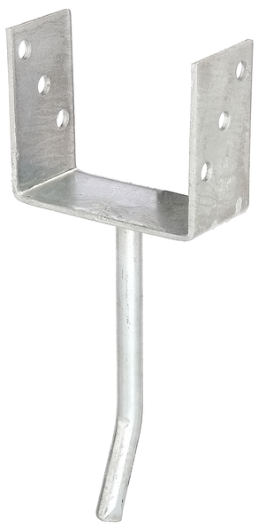 Anclaje para postes de forma U con varilla de acero redondo para hormigonar, Material: Acero crudo, Superficie: galvanizado en caliente, para empotrar en hormigón, con distintivo CE conforme a ETA-10/0210, Anchura de apertura: 121 mm, Altura: 104 mm, Longitud del anclaje de hormigón: 200 mm, Profundidad: 60 mm, Ø del anclaje: 16 mm, Espesura del material: 4,00 mm, Número de agujeros: 6, Perforación: Ø11 mm