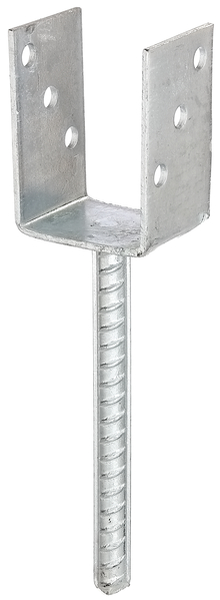 Anclaje para postes de forma U con varilla para hormigonar de acero acanalado, Material: Acero crudo, Superficie: galvanizado en caliente, para empotrar en hormigón, con distintivo CE conforme a ETA-10/0210, Anchura de apertura: 71 mm, Altura: 104 mm, Longitud del anclaje de hormigón: 200 mm, Profundidad: 60 mm, Ø del anclaje: 16 mm, Espesura del material: 4,00 mm, Número de agujeros: 6, Perforación: Ø11 mm, 15 años de garantía contra la corrosión