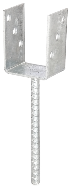 U post support with concrete anchor made of riffle steel, Material: raw steel, Surface: hot-dip galvanised, for setting in concrete, with CE marking in accordance with ETA-10/0210, Clear width: 75 mm, Height: 104 mm, Length of concrete anchor: 200 mm, Depth: 60 mm, Concrete anchor Ø: 16 mm, Material thickness: 4.00 mm, No. of holes: 6, Hole: Ø11 mm