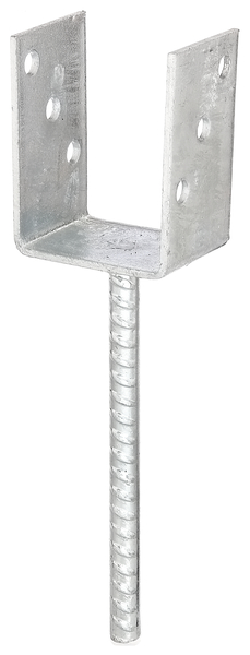 U-Pfostenträger mit Betonanker aus Riffelstahl, Material: Stahl roh, Oberfläche: feuerverzinkt, zum Einbetonieren, mit CE-Kennzeichnung nach ETA-10/0210, lichte Breite: 75 mm, Höhe: 104 mm, Länge Betonanker: 200 mm, Tiefe: 60 mm, Betonanker-Ø: 16 mm, Materialstärke: 4,00 mm, Anzahl Löcher: 6, Loch: Ø11 mm, 15 Jahre Garantie gegen Durchrosten