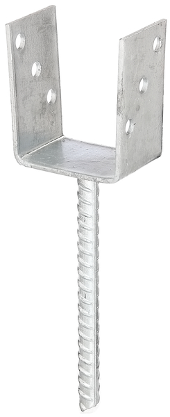 U post support with concrete anchor made of riffle steel, Material: raw steel, Surface: hot-dip galvanised, for setting in concrete, with CE marking in accordance with ETA-10/0210, Clear width: 91 mm, Height: 104 mm, Length of concrete anchor: 200 mm, Depth: 60 mm, Concrete anchor Ø: 16 mm, Material thickness: 4.00 mm, No. of holes: 6, Hole: Ø11 mm, 15-year warranty against rusting through