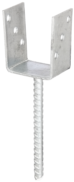 U-Pfostenträger mit Betonanker aus Riffelstahl, Material: Stahl roh, Oberfläche: feuerverzinkt, zum Einbetonieren, mit CE-Kennzeichnung nach ETA-10/0210, lichte Breite: 91 mm, Höhe: 104 mm, Länge Betonanker: 200 mm, Tiefe: 60 mm, Betonanker-Ø: 16 mm, Materialstärke: 4,00 mm, Anzahl Löcher: 6, Loch: Ø11 mm, 15 Jahre Garantie gegen Durchrosten