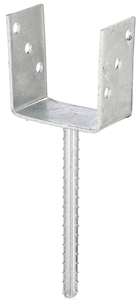 U post support with concrete anchor made of riffle steel, Material: raw steel, Surface: hot-dip galvanised, for setting in concrete, with CE marking in accordance with ETA-10/0210, Clear width: 101 mm, Height: 104 mm, Length of concrete anchor: 200 mm, Depth: 60 mm, Concrete anchor Ø: 16 mm, Material thickness: 4.00 mm, No. of holes: 6, Hole: Ø11 mm, 15-year warranty against rusting through