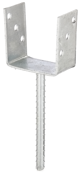 Anclaje para postes de forma U con varilla para hormigonar de acero acanalado, Material: Acero crudo, Superficie: galvanizado en caliente, para empotrar en hormigón, con distintivo CE conforme a ETA-10/0210, Anchura de apertura: 101 mm, Altura: 104 mm, Longitud del anclaje de hormigón: 200 mm, Profundidad: 60 mm, Ø del anclaje: 16 mm, Espesura del material: 4,00 mm, Número de agujeros: 6, Perforación: Ø11 mm, 15 años de garantía contra la corrosión