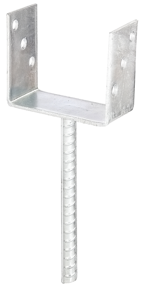 U post support with concrete anchor made of riffle steel, Material: raw steel, Surface: hot-dip galvanised, for setting in concrete, with CE marking in accordance with ETA-10/0210, Clear width: 121 mm, Height: 104 mm, Length of concrete anchor: 200 mm, Depth: 60 mm, Concrete anchor Ø: 16 mm, Material thickness: 4.00 mm, No. of holes: 6, Hole: Ø11 mm