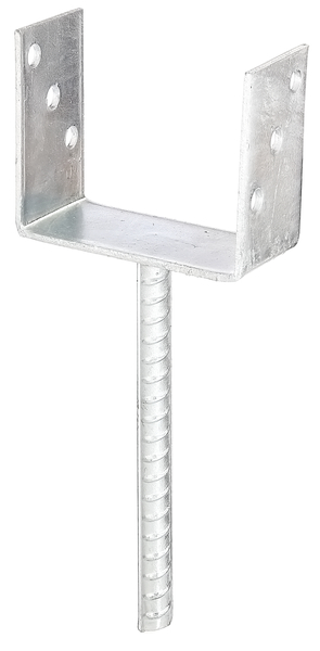 U-Pfostenträger mit Betonanker aus Riffelstahl, Material: Stahl roh, Oberfläche: feuerverzinkt, zum Einbetonieren, mit CE-Kennzeichnung nach ETA-10/0210, lichte Breite: 121 mm, Höhe: 104 mm, Länge Betonanker: 200 mm, Tiefe: 60 mm, Betonanker-Ø: 16 mm, Materialstärke: 4,00 mm, Anzahl Löcher: 6, Loch: Ø11 mm, 15 Jahre Garantie gegen Durchrosten