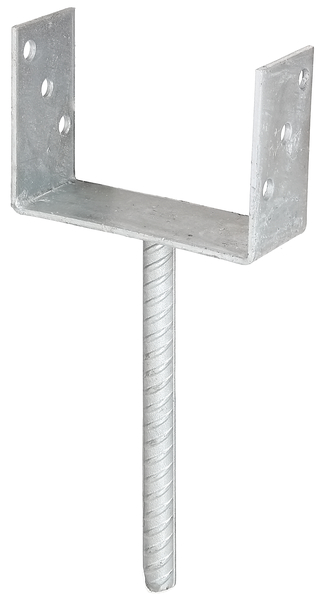 U post support with concrete anchor made of riffle steel, Material: raw steel, Surface: hot-dip galvanised, for setting in concrete, with CE marking in accordance with ETA-10/0210, Clear width: 141 mm, Height: 104 mm, Length of concrete anchor: 200 mm, Depth: 60 mm, Concrete anchor Ø: 16 mm, Material thickness: 4.00 mm, No. of holes: 6, Hole: Ø11 mm