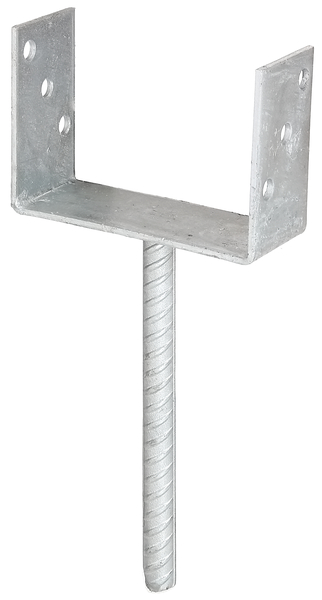 Anclaje para postes de forma U con varilla para hormigonar de acero acanalado, Material: Acero crudo, Superficie: galvanizado en caliente, para empotrar en hormigón, con distintivo CE conforme a ETA-10/0210, Anchura de apertura: 141 mm, Altura: 104 mm, Longitud del anclaje de hormigón: 200 mm, Profundidad: 60 mm, Ø del anclaje: 16 mm, Espesura del material: 4,00 mm, Número de agujeros: 6, Perforación: Ø11 mm