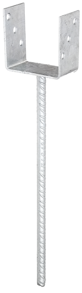 U-Pfostenträger mit extra langem Betonanker aus Riffelstahl, Material: Stahl roh, Oberfläche: feuerverzinkt, zum Einbetonieren, lichte Breite: 101 mm, Höhe: 100 mm, Länge Betonanker: 400 mm, Tiefe: 60 mm, Betonanker-Ø: 16 mm, Materialstärke: 4,00 mm, Anzahl Löcher: 6, Loch: Ø11 mm