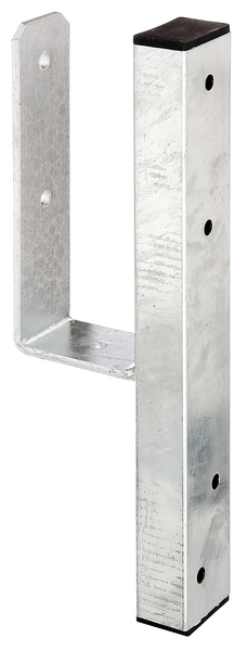 U post support for L border blocks, for square timber posts 90 mm, Material: raw steel, Surface: hot-dip galvanised, for screwing on, with CE marking in accordance with ETA-10/0210, Clear width: 91 mm, Height: 230 mm, Total height: 410 mm, Flat iron: 60 x 6 mm, Material thickness: 2.00 mm, No. of holes: 7, Hole: Ø11 mm