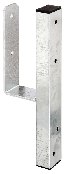 Anclaje para postes de forma U para cercaditos de forma L, para postes de madera de forma cuadrada de 90 mm, Material: Acero crudo, Superficie: galvanizado en caliente, para atornillar, con distintivo CE conforme a ETA-10/0210, Anchura de apertura: 91 mm, Altura: 230 mm, Altura total: 410 mm, Pletina: 60 x 6 mm, Espesura del material: 2,00 mm, Número de agujeros: 7, Perforación: Ø11 mm