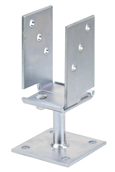 U post support, type: width adjustable, Material: raw steel, Surface: galvanised, thick-film passivated, for screwing on, Clear width: 71 - 131 mm, Height: 110 mm, 70 mm, Depth: 70 mm, Plate length: 100 mm, Rippled steel Ø: 19 mm, Material thickness: 5.00 mm, No. of holes: 10, Hole: Ø11 mm