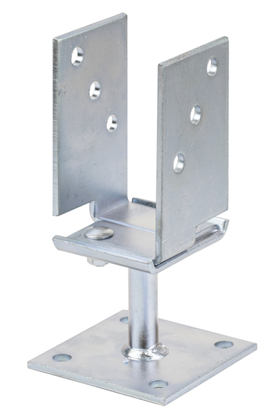 U post support, type: width adjustable, Material: raw steel, Surface: galvanised, thick-film passivated, for screwing on, Clear width: 71 - 131 mm, Height: 110 mm, Floor clearance: 70 mm, Depth: 70 mm, Plate length: 100 mm, Rippled steel Ø: 19 mm, Material thickness: 5.00 mm, No. of holes: 10, Hole: Ø11 mm