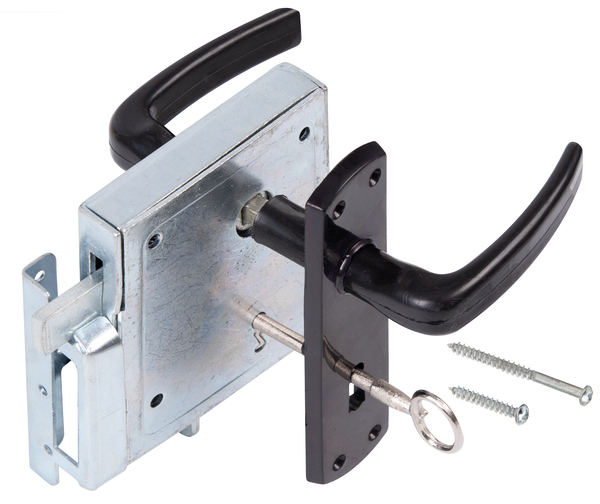 Sash lock box, Material: raw steel, Surface: blue galvanised, Height: 118 mm, Width: 100 mm, Size back set: 60 mm, Distance: 55 mm, Depth: 20 mm, Item description: With night lock, perforation for warded lock, Bolt recess: 14 / 28 mm, Socket: 8 x 8 mm, No. of holes: 4 / 4 / 6, Hole: Ø5.5 / Ø4.2 / Ø4.5 mm