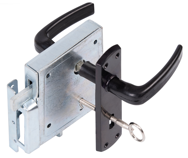 Sash lock box, Material: raw steel, Surface: blue galvanised, Height: 105 mm, Width: 100 mm, Size back set: 60 mm, Distance: 51 mm, Depth: 22 mm, Item description: With night lock, perforation for warded lock, Bolt recess: 12 / 24 mm, Socket: 8 x 8 mm, No. of holes: 4 / 4 / 6, Hole: Ø5.5 / Ø4.2 / Ø4.5 mm