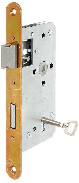 Deadbolt lock especially for frame gates, Heavy, stable design for use outdoors., All inner parts are galvanised to protect against rust., with countersunk screw holes, Material: raw steel, Surface: galvanised, with key, Height lock case: 167 mm, Depth lock case: 85 mm, Size back set: 55 mm, Distance: 72 mm, Strike plate width: 24 mm, Strike plate height: 235 mm, Bolt recess: 13 / 25 mm, Socket: 8 x 8 mm