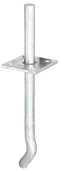 I post support with pin, Material: raw steel, Surface: hot-dip galvanised, for setting in concrete, Pin length: 100 mm, Length of concrete anchor: 200 mm, Plate length: 70 mm, Plate width: 70 mm, Pin-Ø: 16 mm, Plate thickness: 5 mm, Concrete anchor Ø: 16 mm, No. of holes: 4, Hole: Ø11 mm