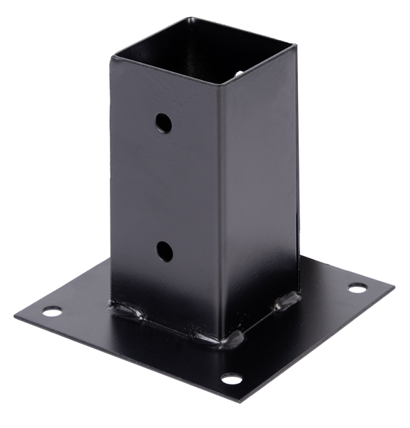 Bolt down post support for square timber posts, Material: raw steel, Surface: galvanised, black powder-coated, Pot length: 71 mm, Pot width: 71 mm, Pot height: 150 mm, Plate length: 150 mm, Plate width: 150 mm, No. of holes: 8, Hole: Ø11 mm, 15-year warranty against rusting through