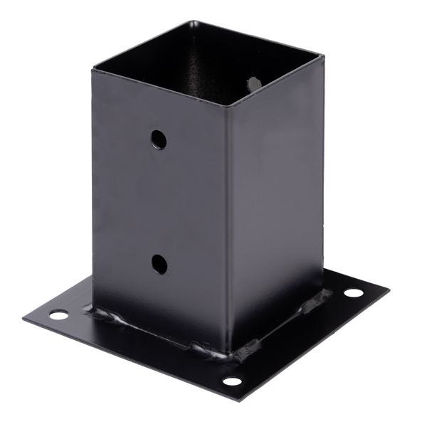 Bolt down post support for square timber posts, Material: raw steel, Surface: galvanised, black powder-coated, Pot length: 91 mm, Pot width: 91 mm, Pot height: 150 mm, Plate length: 150 mm, Plate width: 150 mm, No. of holes: 8, Hole: Ø11 mm, 15-year warranty against rusting through