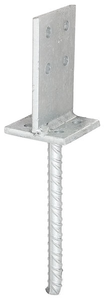 T post support with flitch plate, Material: raw steel, Surface: hot-dip galvanised, for setting in concrete, Flitch plate width: 80 mm, Flitch plate height: 130 mm, Length of concrete anchor: 200 mm, Plate length: 80 mm, Material thickness of flitch plate: 6.00 mm, Plate thickness: 6 mm, Concrete anchor Ø: 16 mm, No. of holes: 8, Hole: Ø11 mm
