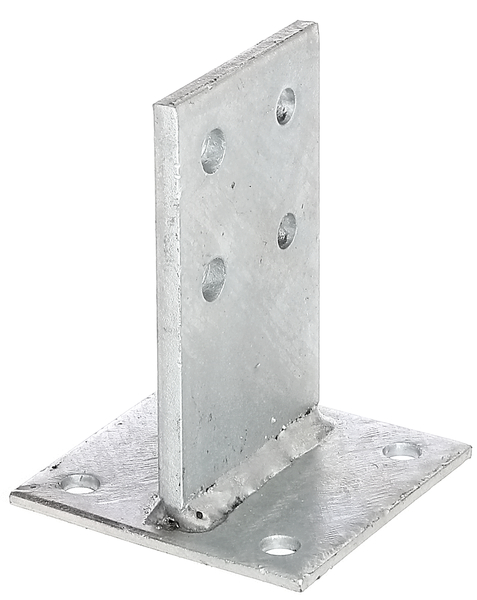 Anclaje para postes de forma T con base de fijación, Material: Acero crudo, Superficie: galvanizado en caliente, para atornillar, Altura de la base de fijación: 80 mm, Altura de la base de fijación: 130 mm, Longitud de la pletina: 100 mm, Grosor del material de la base de fijación: 8,00 mm, Grosor de la placa: 5 mm, Número de agujeros: 8, Perforación: Ø11 mm