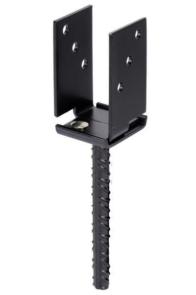Anclaje para postes de forma U con varilla para hormigonar de acero acanalado, modelo: ajustable en anchura, Material: Acero crudo, Superficie: galvanizado, recubrimiento plástico negro, para empotrar en hormigón, anchura de apertura: 71 - 131 mm, Altura: 110 mm, Longitud del anclaje de hormigón: 200 mm, Profundidad: 70 mm, Ø del anclaje: 16 mm, Espesura del material: 5,00 mm, Número de agujeros: 6, Perforación: Ø11 mm, 15 años de garantía contra la corrosión