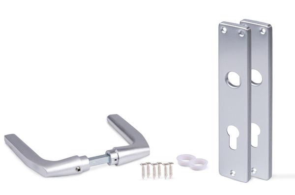 Door handle for deadbolt locks, Material: Aluminium, Surface: silver anodised, Height of long plate: 220 mm, Width of long plate: 40 mm, Width of door handle: 124 mm, Item description: one pair, perforation PC