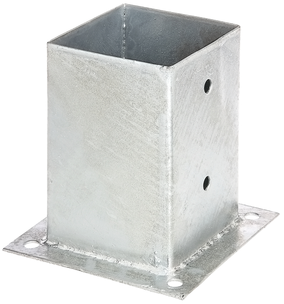 Bolt down post support for square timber posts, Material: raw steel, Surface: hot-dip galvanised, Pot length: 101 mm, Pot width: 101 mm, Pot height: 150 mm, Plate length: 150 mm, Plate width: 150 mm, No. of holes: 8, Hole: Ø11 mm