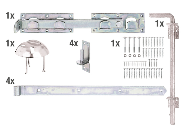 Комплект креплений для двухстворчатых ворот, с зазенкованными отверстиями, Материал: Сталь необработанная, Поверхность: гальваническая оцинковка, с толстопленочной пассивацией