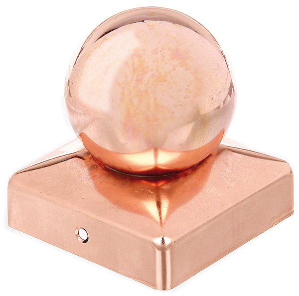 Copripalo per pali in legno, con sfera, con fori per viti incassate, Materiale: rame, superficie: con vernice zapon (vernice incolore anticorrosione), lunghezza: 70 mm, larghezza: 70 mm, 60 mm