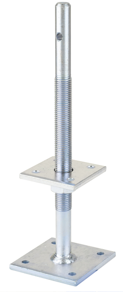 I-Pfostenträger, Ausführung: höhenverstellbar, Material: Stahl roh, Oberfläche: galvanisch verzinkt, Dickschichtschutz, zum Aufschrauben, Plattenlänge oben: 80 mm, Plattenlänge unten: 100 mm, Bodenabstand: 100 - 230 mm, Höhe: 340 mm, Gewinde: M22, Anzahl Löcher: 1 / 8, Loch: Ø20 / Ø9 mm