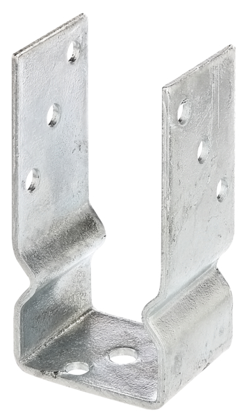 Anclaje para postes de forma U, Material: Acero crudo, Superficie: galvanizado en caliente, para atornillar, con distintivo CE conforme a ETA-10/0210, Anchura de apertura: 71 mm, Altura total: 150 mm, Altura de extensión: 100 mm, Profundidad: 60 mm, Espesura del material: 4,00 mm, Número de agujeros: 8 / 1, Perforación: Ø11 / Ø14 mm