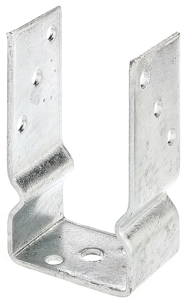 U-Pfostenträger, Material: Stahl roh, Oberfläche: feuerverzinkt, zum Aufschrauben, mit CE-Kennzeichnung nach ETA-10/0210, lichte Breite: 81 mm, Gesamthöhe: 150 mm, Einstandshöhe: 100 mm, Tiefe: 60 mm, Materialstärke: 4,00 mm, Anzahl Löcher: 8 / 1, Loch: Ø11 / Ø14 mm