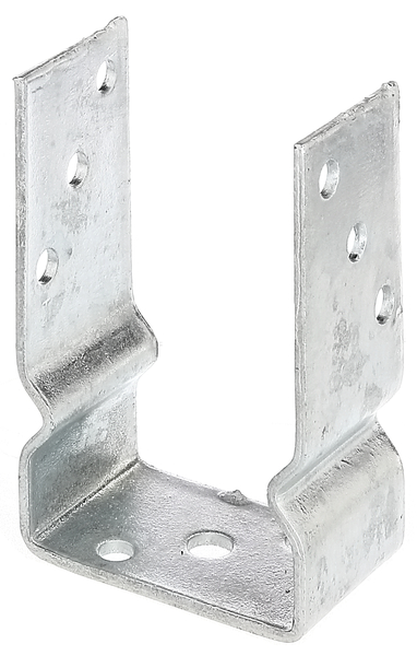 Anclaje para postes de forma U, Material: Acero crudo, Superficie: galvanizado en caliente, para atornillar, con distintivo CE conforme a ETA-10/0210, Anchura de apertura: 91 mm, Altura total: 150 mm, Altura de extensión: 100 mm, Profundidad: 60 mm, Espesura del material: 4,00 mm, Número de agujeros: 8 / 1, Perforación: Ø11 / Ø14 mm