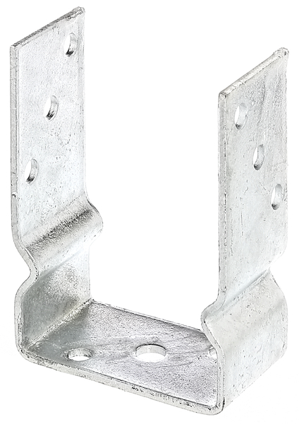 Anclaje para postes de forma U, Material: Acero crudo, Superficie: galvanizado en caliente, para atornillar, con distintivo CE conforme a ETA-10/0210, Anchura de apertura: 101 mm, Altura total: 150 mm, Altura de extensión: 100 mm, Profundidad: 60 mm, Espesura del material: 4,00 mm, Número de agujeros: 8 / 1, Perforación: Ø11 / Ø14 mm