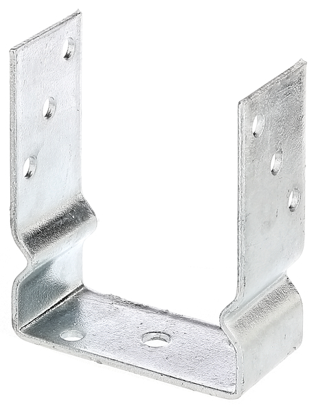U-Pfostenträger, Material: Stahl roh, Oberfläche: feuerverzinkt, zum Aufschrauben, mit CE-Kennzeichnung nach ETA-10/0210, lichte Breite: 121 mm, Gesamthöhe: 150 mm, Einstandshöhe: 100 mm, Tiefe: 60 mm, Materialstärke: 4,00 mm, Anzahl Löcher: 8 / 1, Loch: Ø11 / Ø14 mm