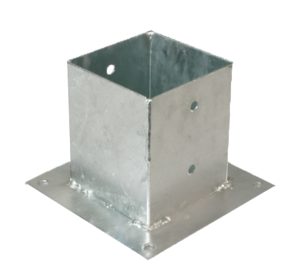 Anclaje sobre base para postes de madera cuadrados, Material: Acero crudo, Superficie: galvanizado en caliente, Longitud de la maceta: 121 mm, Anchura de la maceta: 121 mm, Altura del tubo: 150 mm, Longitud de la pletina: 180 mm, Anchura de la pletina: 180 mm, Número de agujeros: 8, Perforación: Ø11 mm