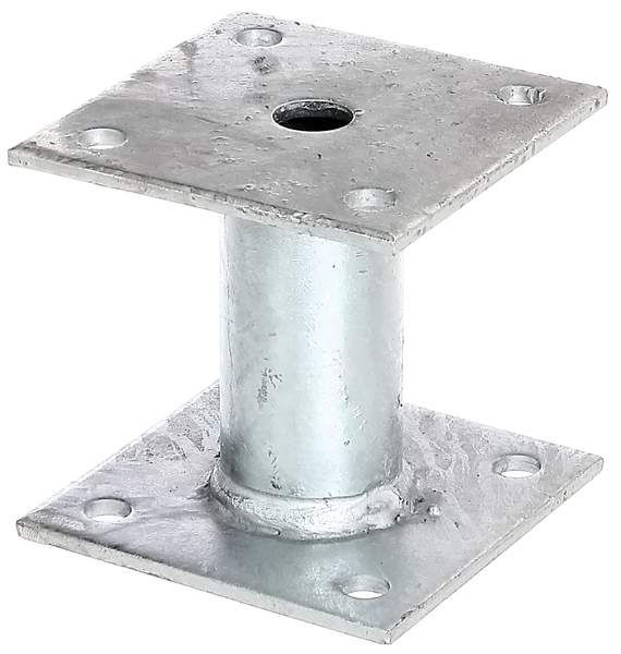 Post support, Material: raw steel, Surface: hot-dip galvanised, for screwing on, Plate length at bottom: 100 mm, Plate width at bottom: 100 mm, Plate length at top: 100 mm, Plate width at bottom: 100 mm, Distance inside edge top plate - inside edge bottom plate: 100 mm, Plate thickness: 5 mm, Tube Ø: 42 mm, No. of holes: 8, Hole: Ø10 mm, 15-year warranty against rusting through