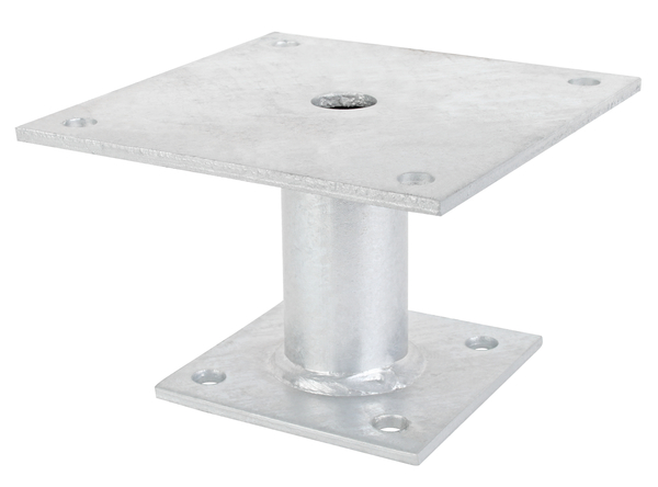 Post support, Material: raw steel, Surface: hot-dip galvanised, for screwing on, Plate length at top: 150 mm, Plate length at bottom: 100 mm, 100 mm, Height: 100 mm, Plate thickness: 5 mm, Tube Ø: 42 mm, No. of holes: 8, Hole: Ø11 mm, 15-year warranty against rusting through