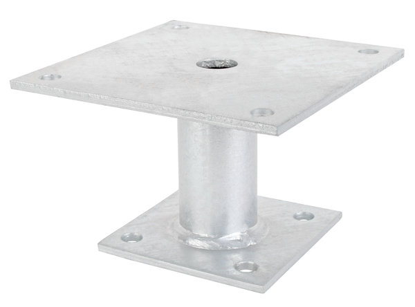 Post support, Material: raw steel, Surface: hot-dip galvanised, for screwing on, Plate length at top: 150 mm, Plate length at bottom: 100 mm, Floor clearance: 100 mm, Height: 100 mm, Plate thickness: 5 mm, Tube Ø: 42 mm, No. of holes: 8, Hole: Ø11 mm, 15-year warranty against rusting through