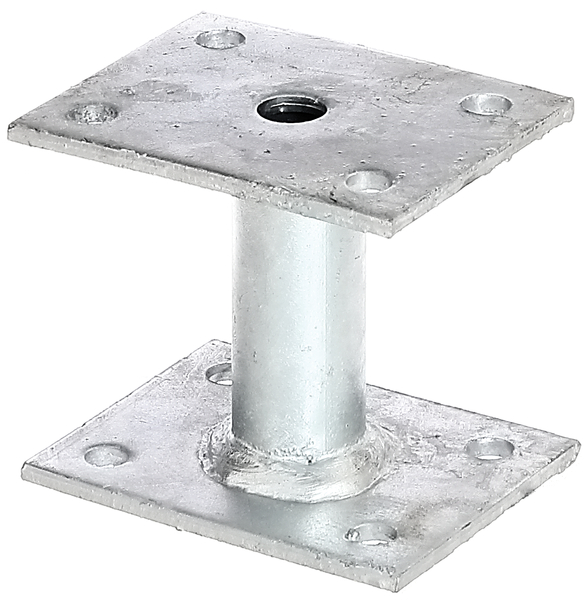 Post support, Material: raw steel, Surface: hot-dip galvanised, for screwing on, Plate length at bottom: 90 mm, Plate width at bottom: 70 mm, Plate length at top: 70 mm, Plate width at bottom: 90 mm, Distance inside edge top plate - inside edge bottom plate: 78 mm, Plate thickness: 4 mm, Tube Ø: 27 mm, No. of holes: 8, Hole: Ø9 mm, 15-year warranty against rusting through