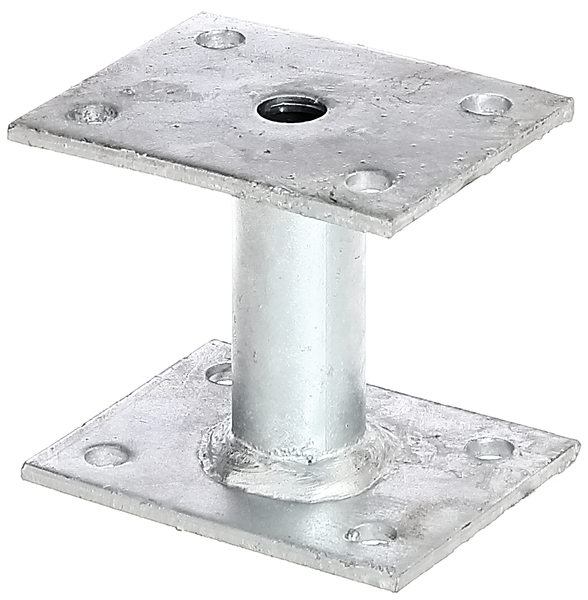 Anclaje para postes, Material: Acero crudo, Superficie: galvanizado en caliente, para atornillar, Longitud de la pletina abajo: 90 mm, Anchura de la pletina abajo: 70 mm, 70 mm, 90 mm, Distancia borde interior pletina superior - borde interior pletina inferior: 78 mm, Grosor de la placa: 4 mm, Ø del tubo: 27 mm, Número de agujeros: 8, Perforación: Ø9 mm, 15 años de garantía contra la corrosión