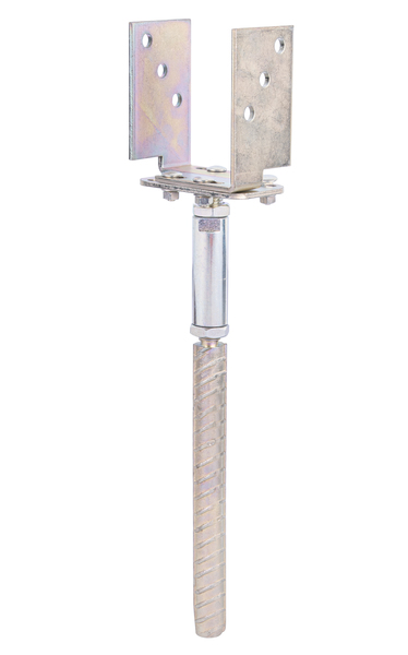 U post support with concrete anchor made of riffle steel, type: height and width adjustable, Material: raw steel, Surface: galvanised, thick-film passivated, for setting in concrete, Clear width: 71 - 161 mm, Height: 110 mm, Distance from ground: 125 - 185 mm, Depth: 70 mm, Length of concrete anchor: 250 mm, Concrete anchor Ø: 24 mm, Material thickness: 5.00 mm, No. of holes: 6, Hole: Ø11 mm