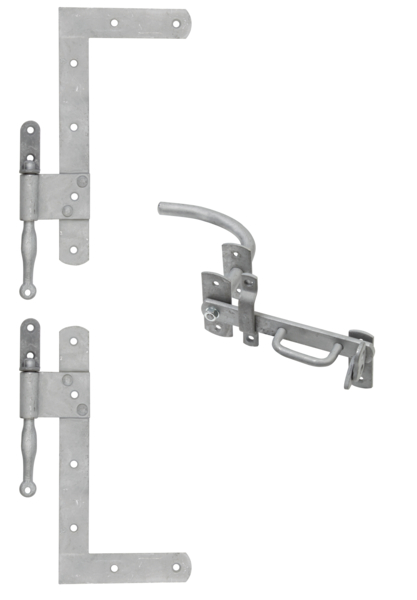 Garden gate fitting set for single sectional gates, with countersunk screw holes, Material: raw steel, Surface: hot-dip galvanised