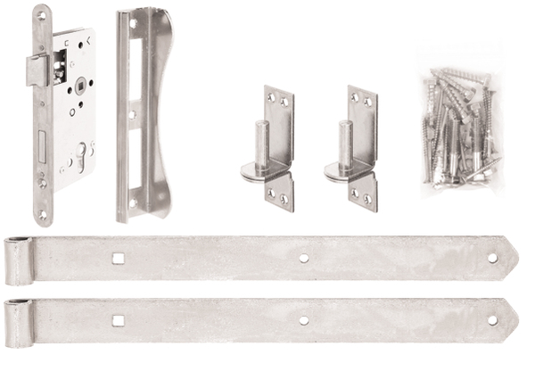 Set ferramenta per cancelli con telaio a un battente, con fori per viti incassate, Materiale: acciaio grezzo, superficie: tropicalizzata