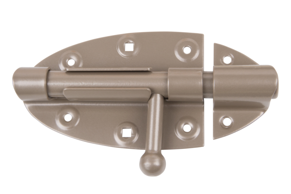 DURAVIS® Bolt lock with round handle, with countersunk screw holes, Material: steel, blue galvanised, Surface: pearl beige duplex-coated RAL 1035, Plate length: 112 mm, Plate width: 72 mm, Bolt-Ø: 16 mm, Loop width: 36 mm, No. of holes: 4 / 2 / 2, Hole: Ø5 / 5 x 5 / Ø5 mm, 20-year warranty against rusting through