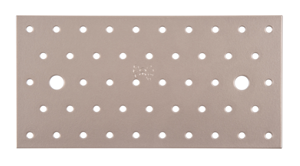 DURAVIS® Platine d'assemblage, Matériau: Acier, galvanisé Sendzimir, Finition: double plastification beige perle RAL 1035, avec marquage CE selon DIN EN 14545, Longueur: 200 mm, Largeur: 100 mm, Épaisseur: 2,00 mm, Nombre de trous: 2 / 46, Trou: Ø11 / Ø5 mm, Garantie de 20 ans contre l&apos;oxydation, CutCase