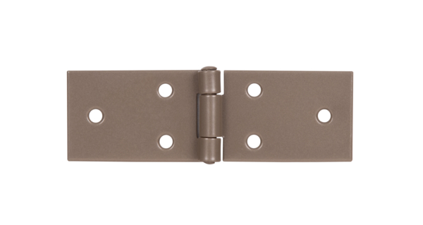 DURAVIS® Tischband, mit vernietetem Edelstahlstift, mit versenkten Schraublöchern, Material: Stahl, blau verzinkt, Oberfläche: perlbeige duplexbeschichtet RAL 1035, Länge: 32 mm, Breite: 100 mm, Ausführung: gerollt, Materialstärke: 1,50 mm, Anzahl Löcher: 6, Loch: Ø4,6 mm, 20 Jahre Garantie gegen Durchrosten