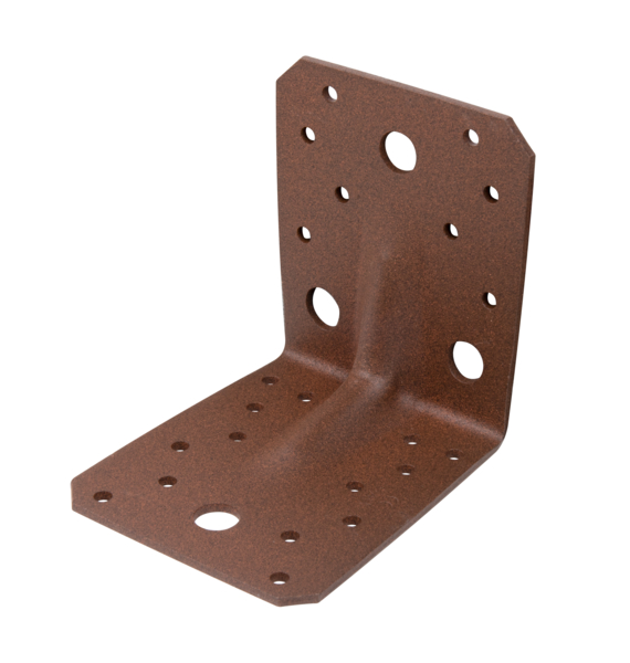 DURAVIS® Schwerlast-Winkelverbinder mit Sicke, Material: Stahl, sendzimirverzinkt, Oberfläche: rostbraun duplexbeschichtet, mit CE-Kennzeichnung nach ETA-08/0165, Tiefe: 105 mm, Höhe: 105 mm, Breite: 90 mm, Materialstärke: 3,00 mm, Anzahl Löcher: 4 / 22, Loch: Ø13 / Ø5 mm, 20 Jahre Garantie gegen Durchrosten